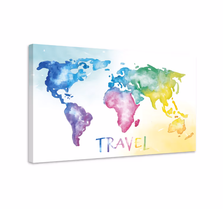 Watercolour travel world map canvas - TenStickers