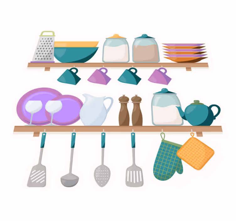 Kitchen vinyl rug with cooking tools shelves - TenStickers