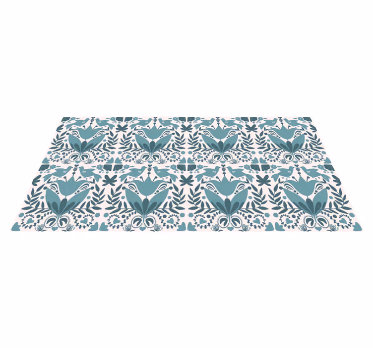 Blue folk art pattern with birds kitchen vinyl rug - TenStickers