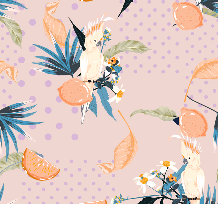 Pink background with dots and birds wallpaper - TenStickers