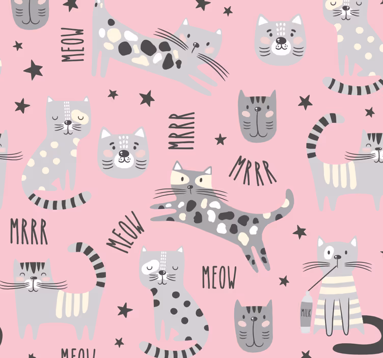 Different meow text with funny drawings of cat wallpaper - TenStickers
