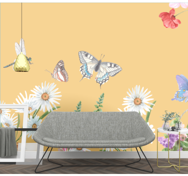 Looking for a design decoration to transform a room with a warm touch? Take a look at this daisy flower and butterflies painting wall mural!