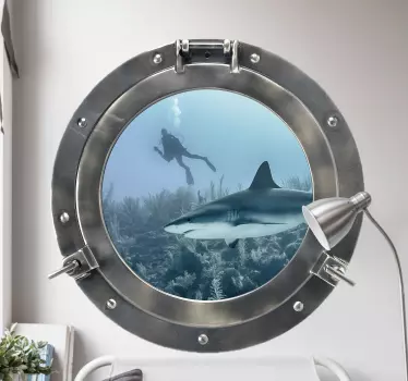 A decorative 3D visual effect wall sticker design of marine life for home and other spaces. It design contain shark under the sea with an ocean diver.