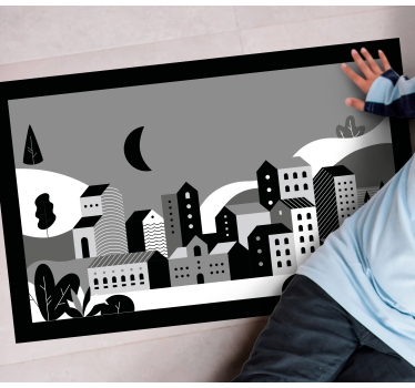 Discover the stunning Cityscape Black and White modern vinyl rug perfect for any decor. Easy to clean and stylish addition to your home.