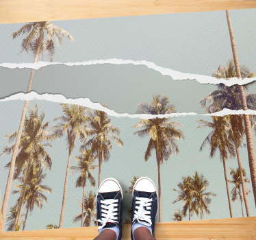 Discover the Palm Tree Oasis nature vinyl rug, a tropical touch for your home that is easy to clean and stylish.