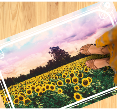 Bring nature indoors with our Sunflower Field Scene nature vinyl rug. Easy to clean and vibrant design brighten any space.