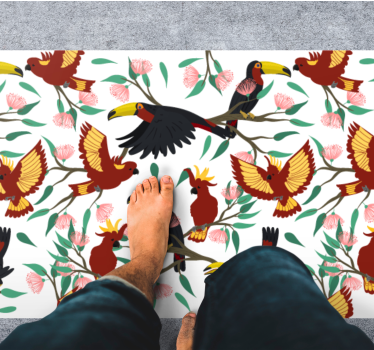 Discover the vibrant Tropical Birds Delight nature vinyl rug that brings exotic charm to your home with easy maintenance!