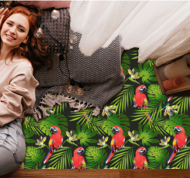 Discover the vibrant Tropical Parrots Greenery nature vinyl rug that transforms your space into a tropical paradise with ease.