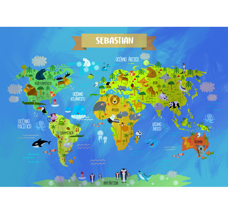World map with animals wall mural - TenStickers