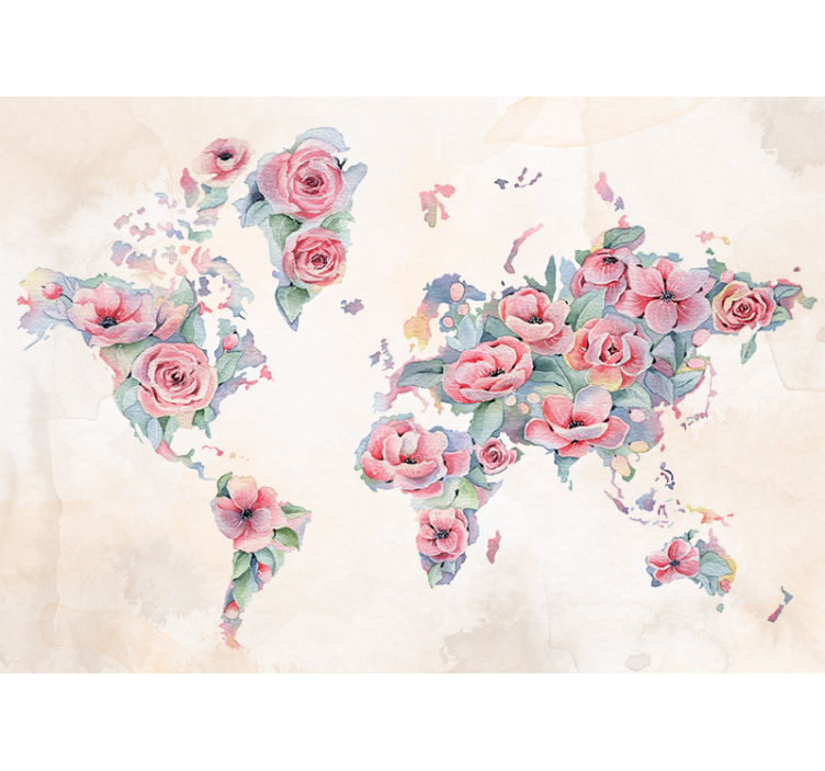 With flowers decorated world map mural - TenStickers