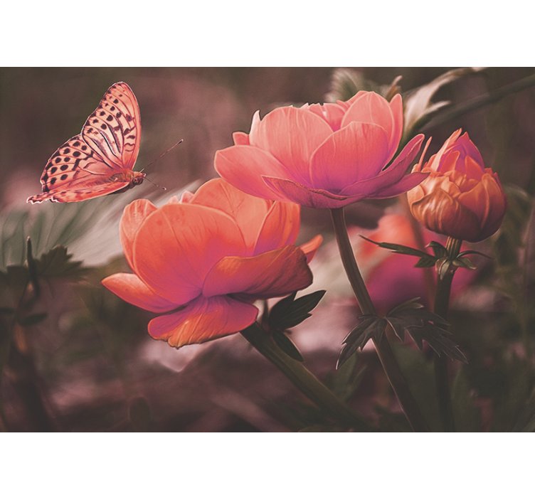 Flower wall mural butterfly above blooms - TenStickers