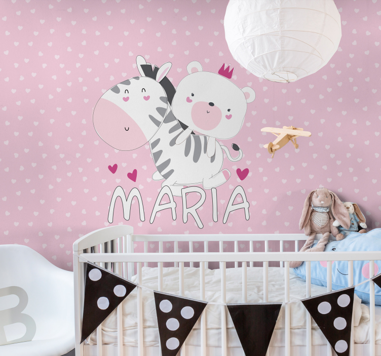 Baby Zebra and bear name custom wall mural - TenStickers