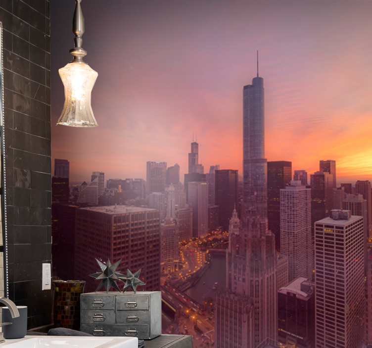 City wall mural chicago skyline sunset - TenStickers
