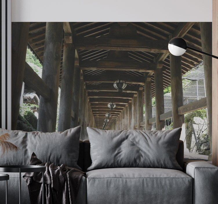 Corridor with wooden pillars 3D Wall Mural - TenStickers