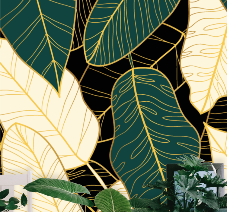 Gold banana leaves living room wall mural - TenStickers