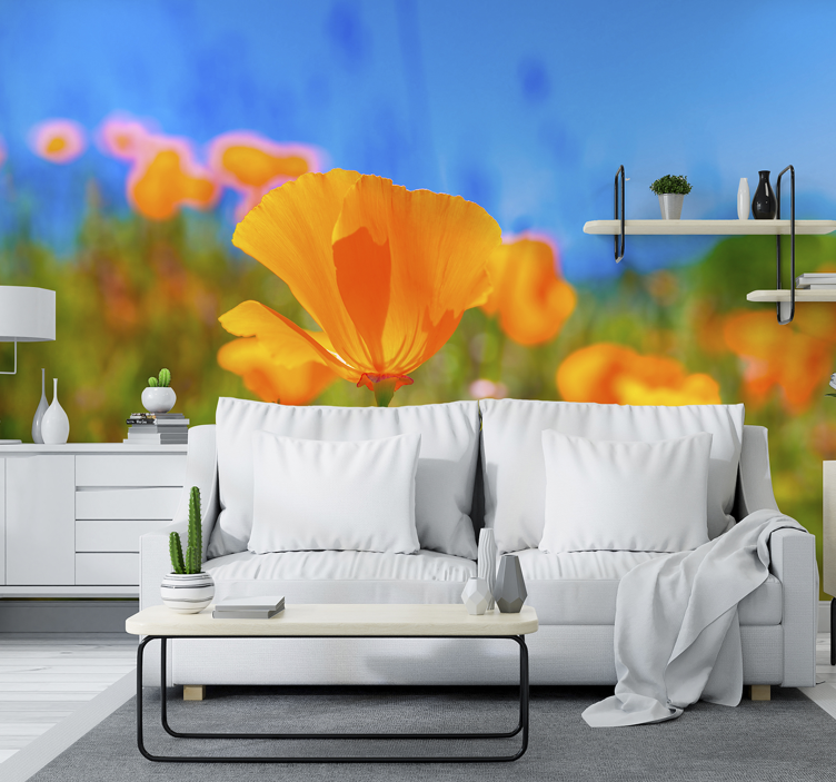 Living room wall mural vibrant poppy blooms - TenStickers