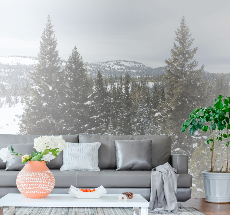 Misty pine trees living room wall mural - TenStickers