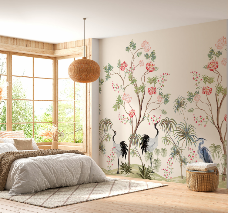 oiseaux et arbres exotiques panoramic wall mural - TenStickers