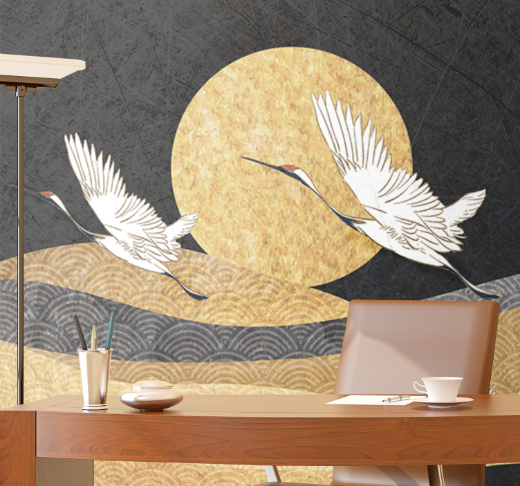 People wall mural cranes in flight under moon - TenStickers