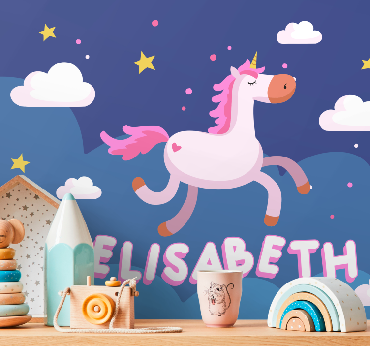 Personalised unicorn pink hair wall mural - TenStickers