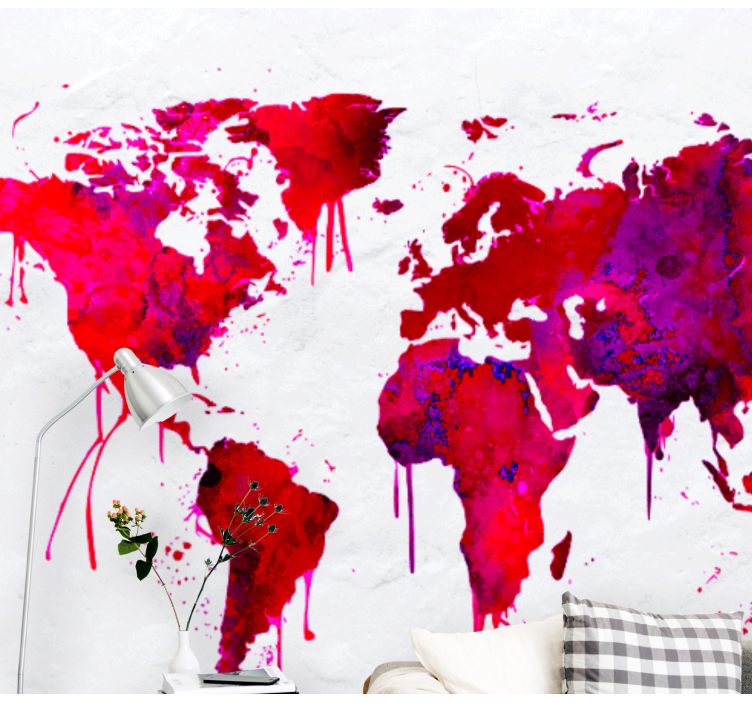 Red watercolour world map mural - TenStickers