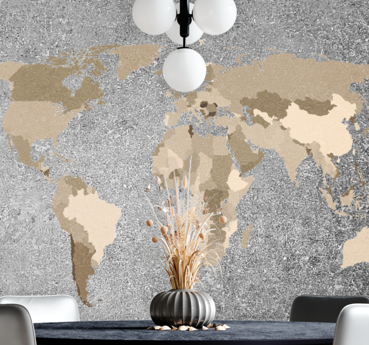 Retro Worldmap in grey living room wall mural - TenStickers