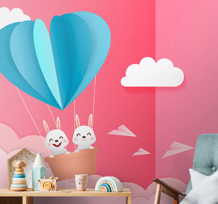 Romantic wall mural balloons and bunnies - TenStickers