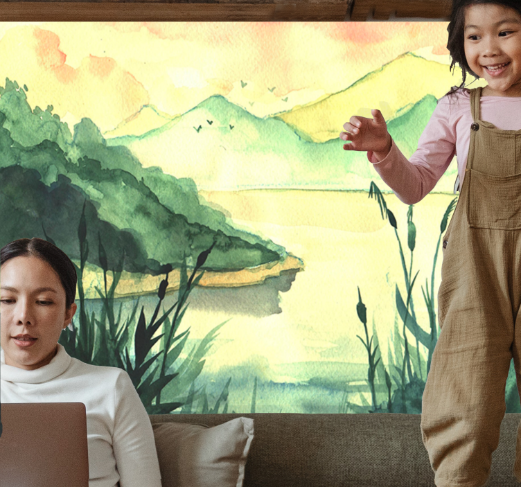 Serene handrawing landscape lake wall mural - TenStickers