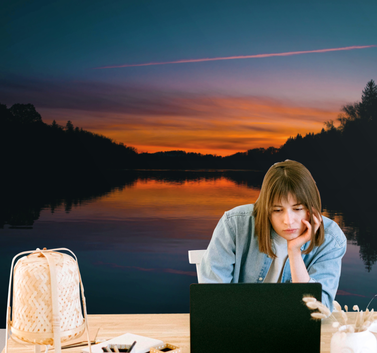 Serene lake sunset landscape wall mural - TenStickers