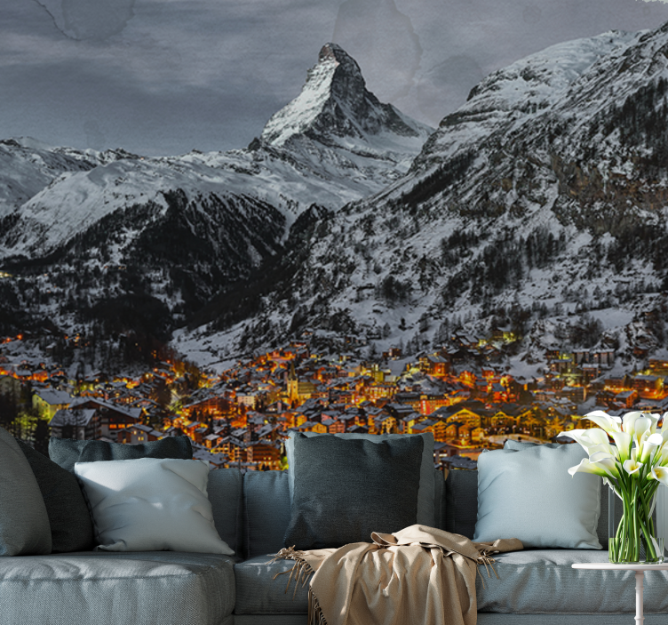Wall mural mountain snowy alpine village - TenStickers