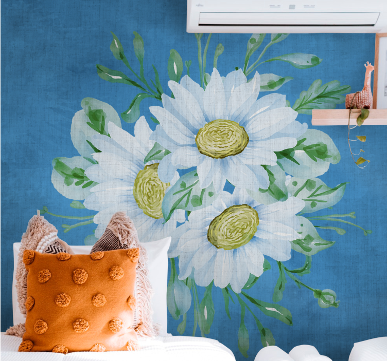 White flowers on blue flower wall mural - TenStickers