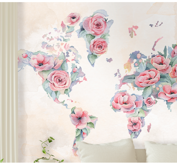 With flowers decorated world map mural - TenStickers