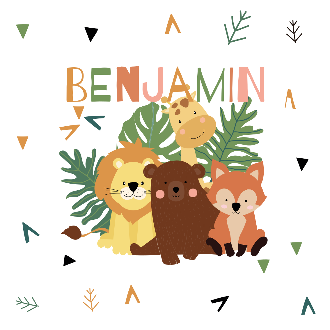Nursery poster featuring adorable wild animals and leaves - TenStickers