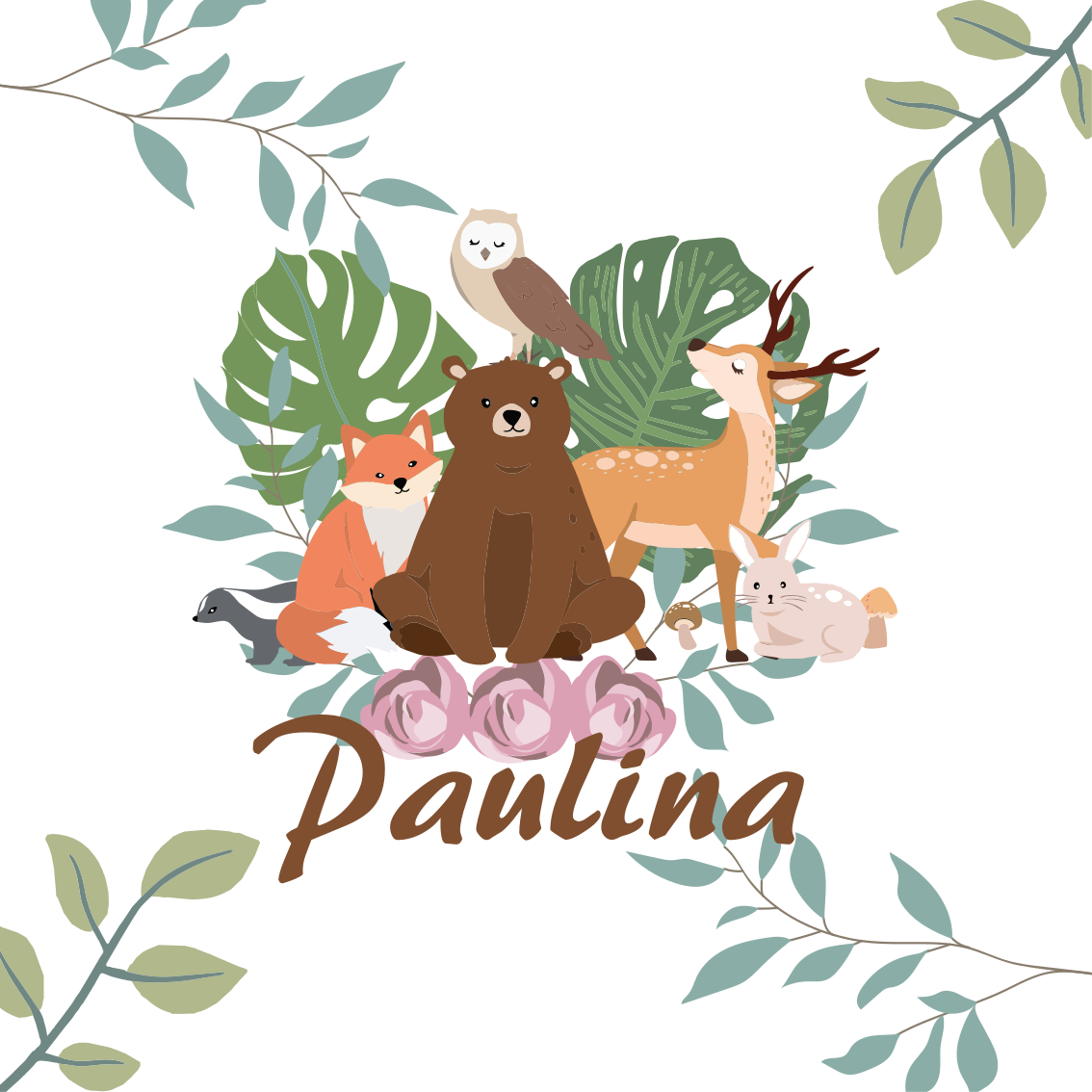 Nursery poster girly woodland animals personalized - TenStickers