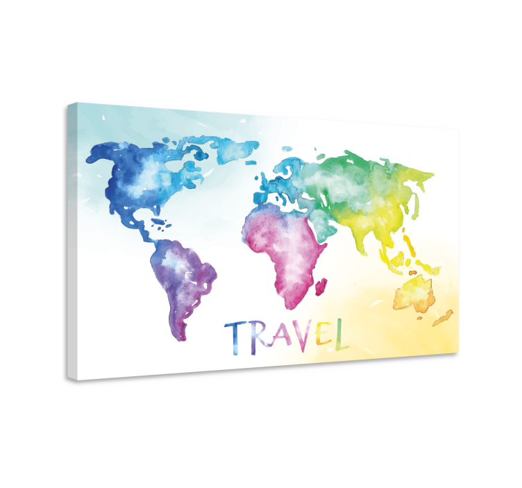 Watercolour travel world map canvas - TenStickers