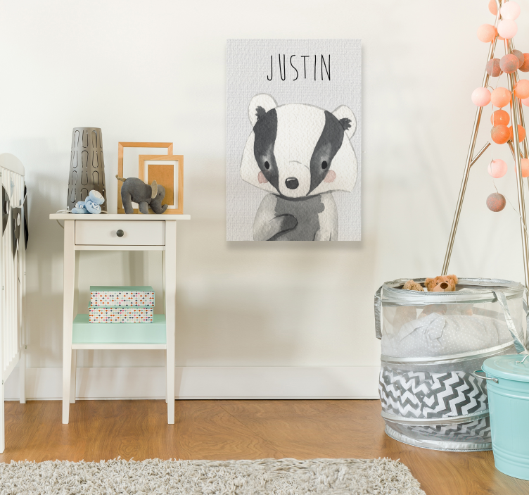 Baby badger with name childrens wall art canvas - TenStickers