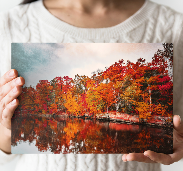 Autumn forest lake reflection  landscape canvas - TenStickers