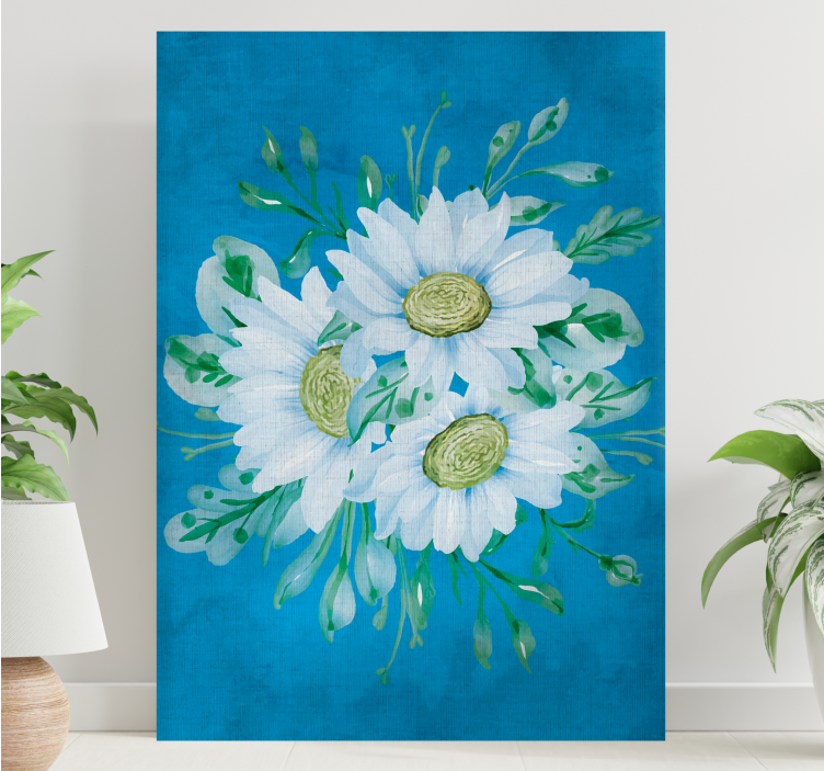 White flowers on blue background flower canvas - TenStickers