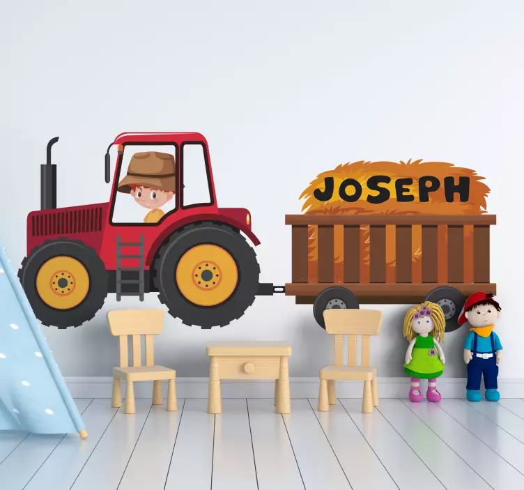 Red tractor with name boy toy sticker - TenStickers