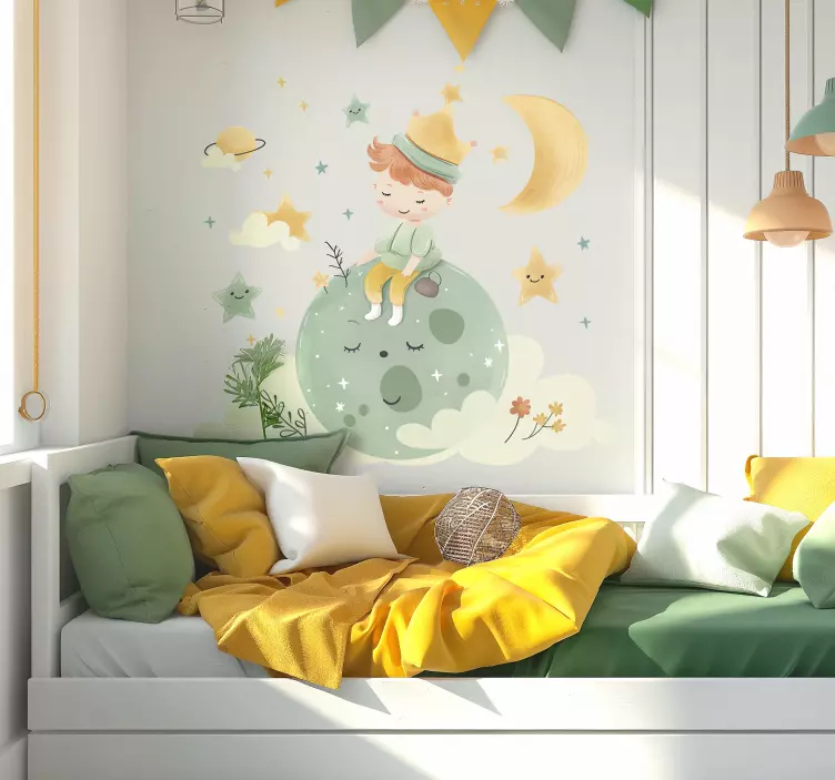 Happy kid on the moon wall stickers children's room - TenStickers
