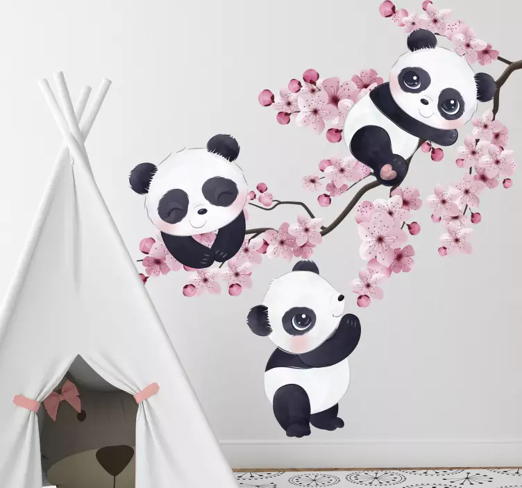Baby pandas on spring tree wild animal decal - TenStickers