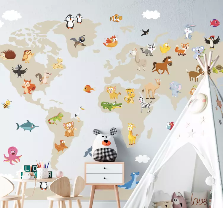 Continents with cartoon animals world map decal - TenStickers