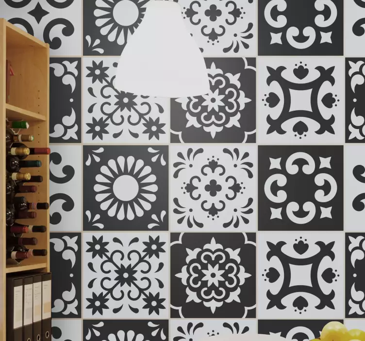 Black and white vintage floral pattern tiles sticker - TenStickers