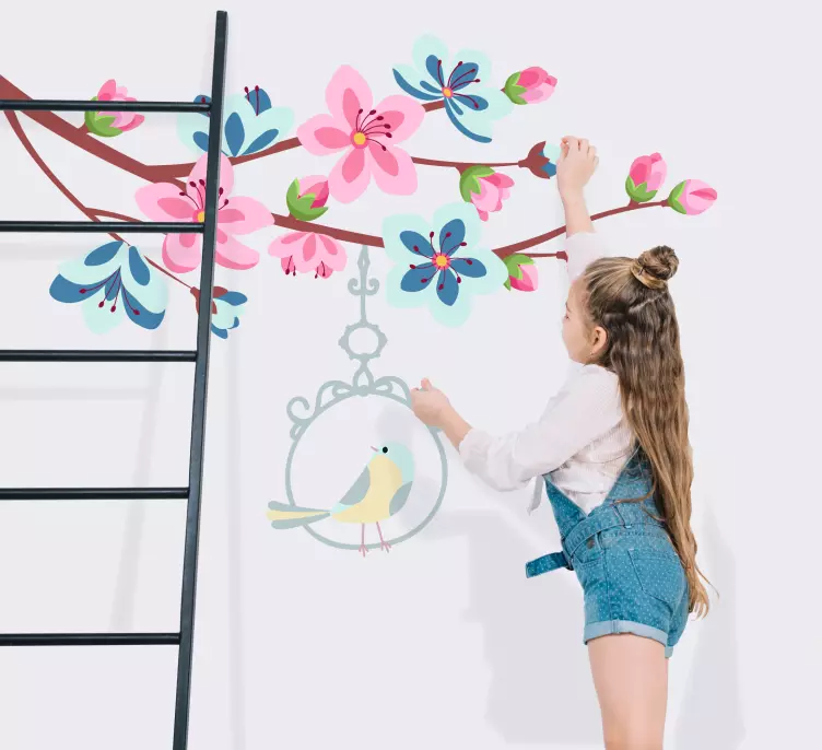 Blue and pink flowers with open cage decal - TenStickers