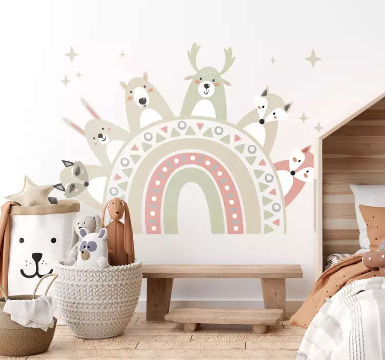 boho rainbow with wild animals wall stickers children's room - TenStickers