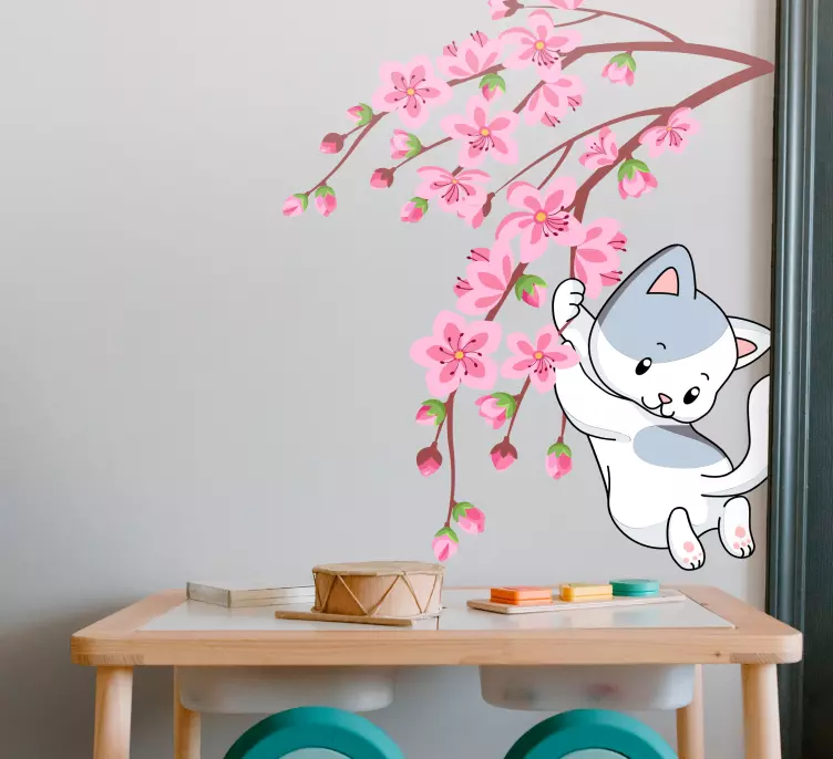 Cat hanging on spring branch flower sticker - TenStickers