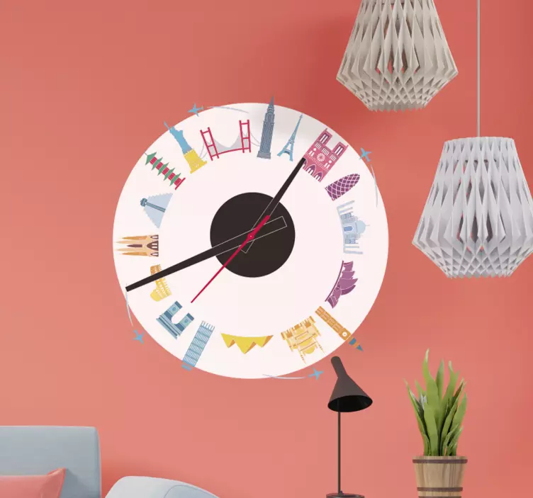 Clock of famous monuments wall clock sticker - TenStickers