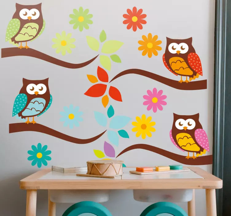 Colorful owls on tree house animal wall decal - TenStickers