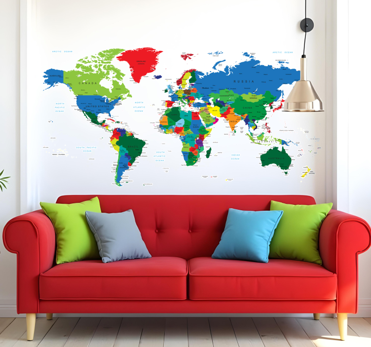Colour World Map Wall Sticker - TenStickers