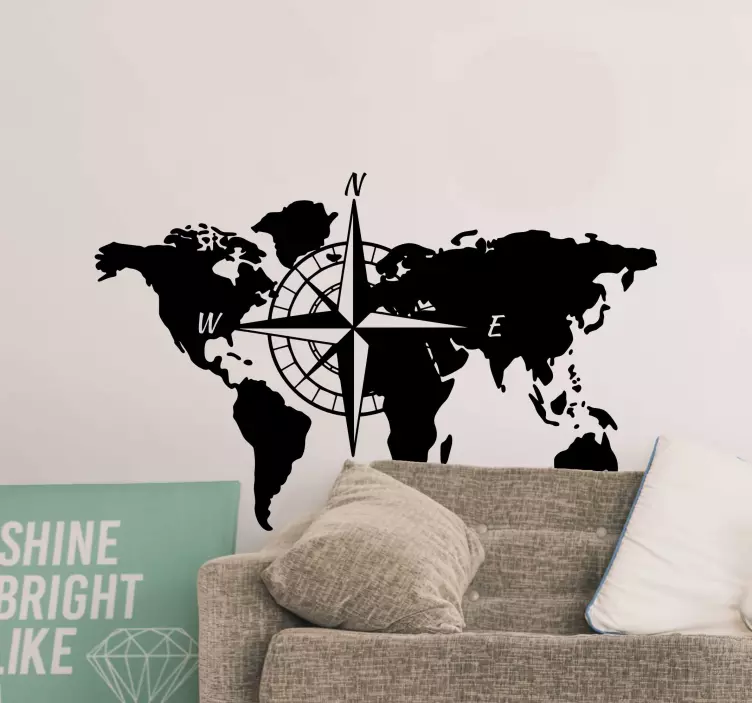 Compass locator world map wall decal - TenStickers